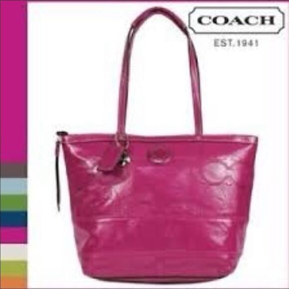 Coach Signature Stitched In Berry Patent Leather Tote - Picture 1 of 6